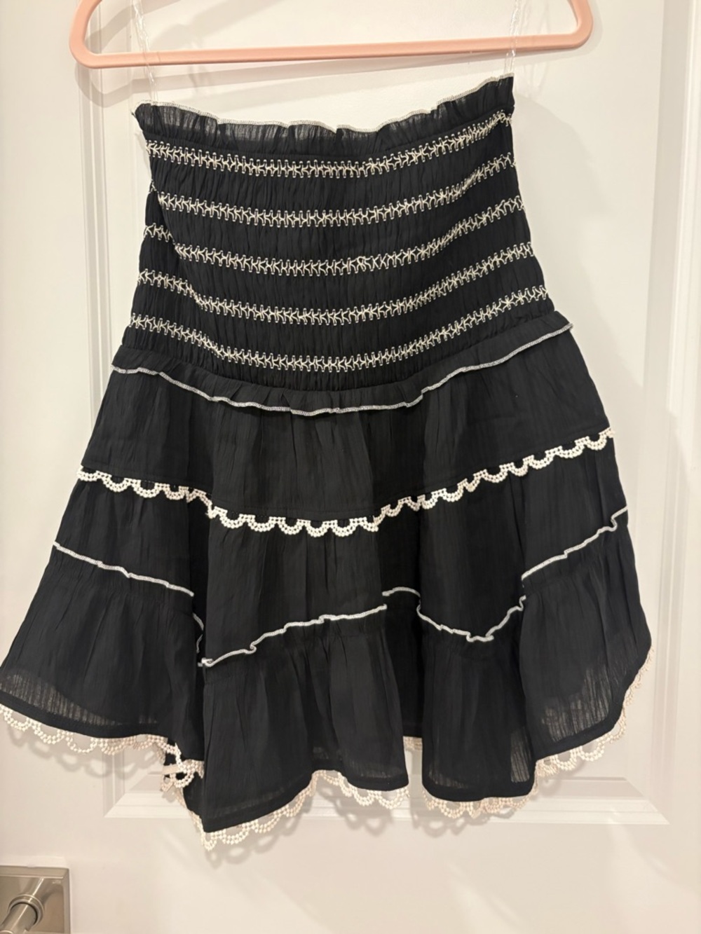 Forte Black Smocked embroidered Tiered Skirt with White Trim